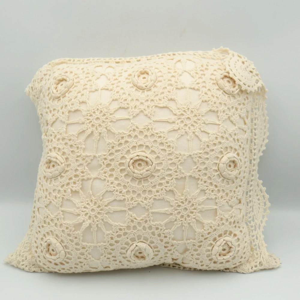 Grandmacore Cottage Crochet Lace Throw Set (3) Pillows Beige Vintage Granny Rose